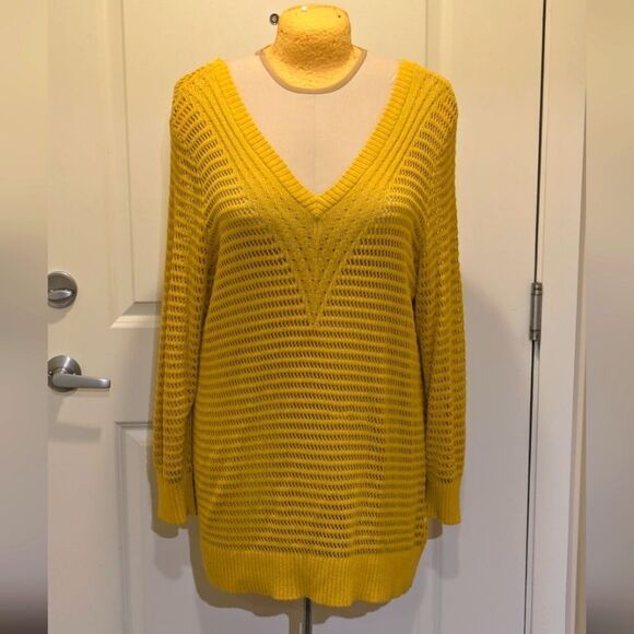 3/$30 EUC Addition Elle 2X Mustard Yellow Open Knit V-Neck and Back Long Sweater - Picture 5 of 9